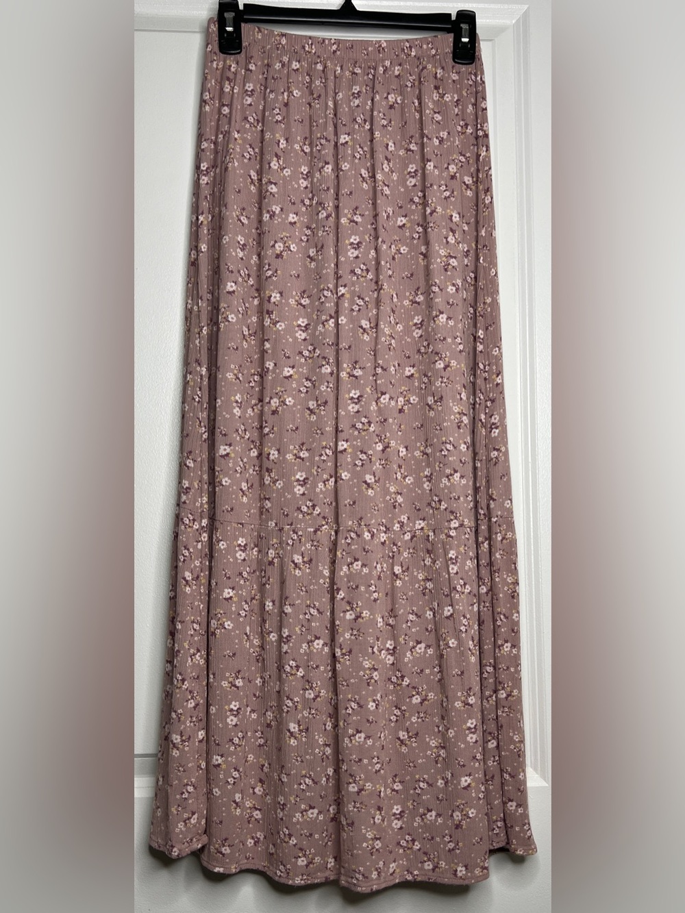 Hippie Rose Pink Floral Tiered Flowy Boho Maxi Skirt Small